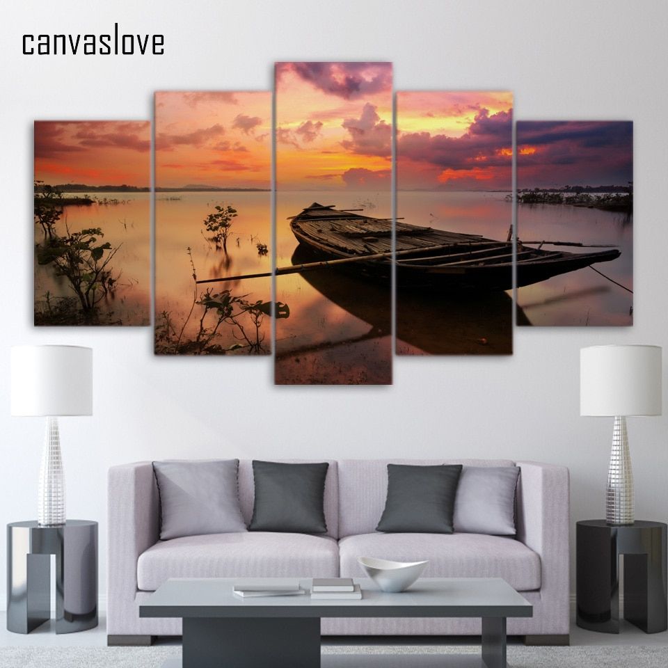 5 Piece Canvas Art Sunset Boat Silence Lake Canvas Pertaining To Sunset Wall Art (View 9 of 15)