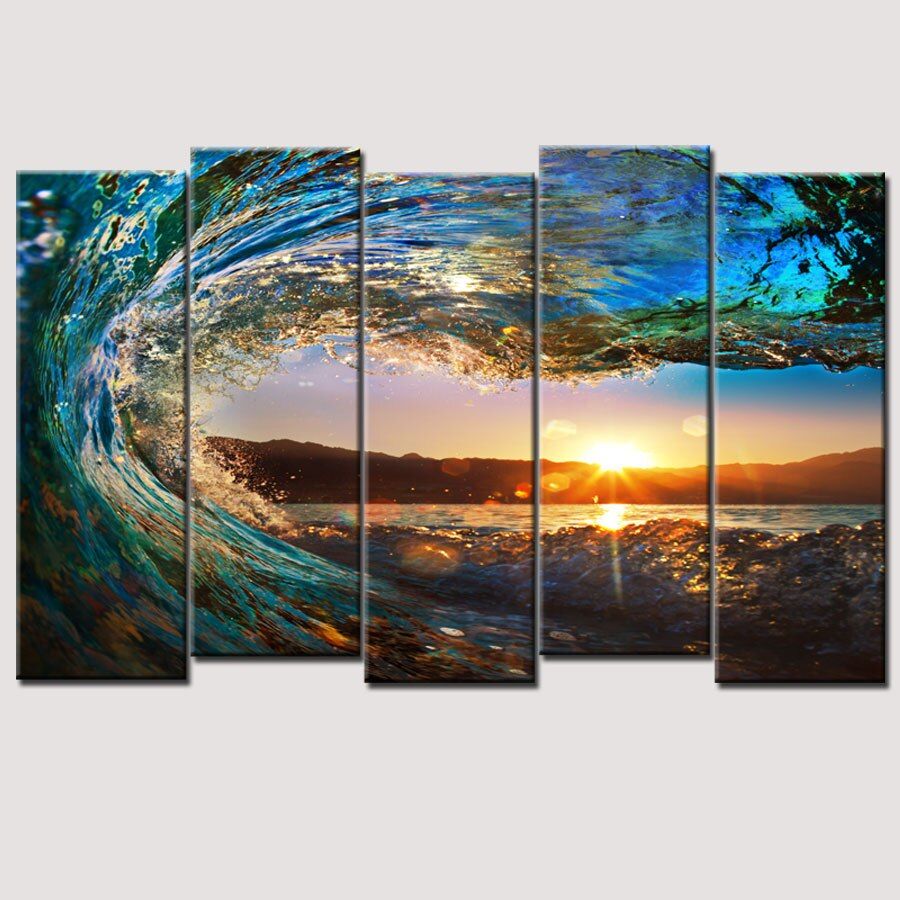 5 Piece Large Canvas Wall Art Huge Wave Painting Modern Within Wave Wall Art (View 6 of 15)