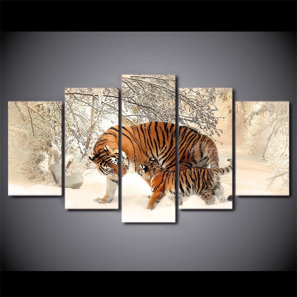 5 Pieces Canvas Prints Snow Mountain Tiger Painting Wall For Tiger Wall Art (View 9 of 15)