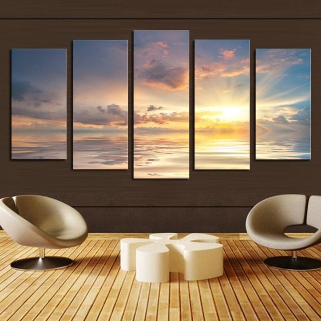 5 Pieces Sunset Poster Seaview Wall Art Canvas Print Inside Sunset Wall Art (View 11 of 15)