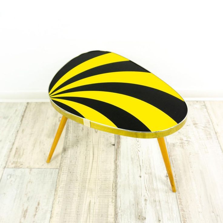 60s Midcentury Sunburst Kidney Tripod Stool Black Yellow With Regard To Yellow And Black Coffee Tables (View 6 of 15)