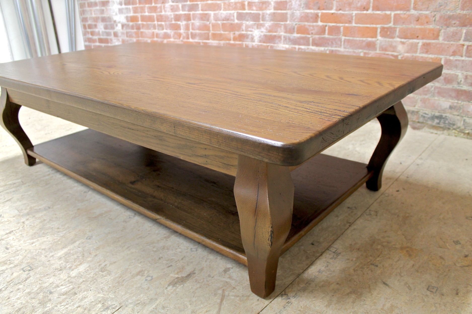 66in Oak Coffee Table In Antique Walnut Finish In Vintage Gray Oak Coffee Tables (View 1 of 15)