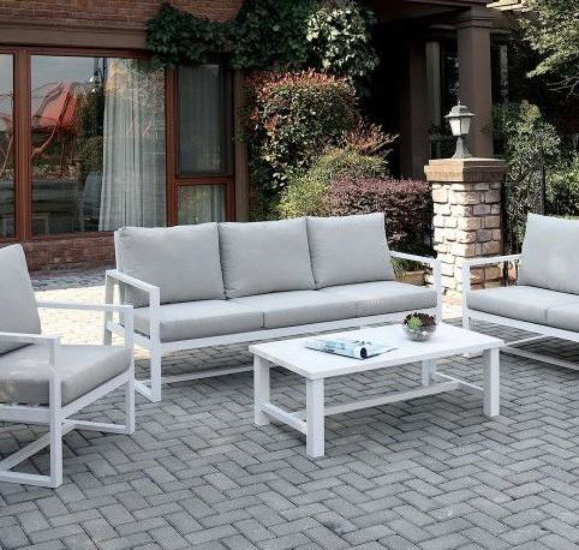 Aluminum Frame Construction Beige Fabric Patio Sofa Set Intended For Ecru And Otter Coffee Tables (View 13 of 15)