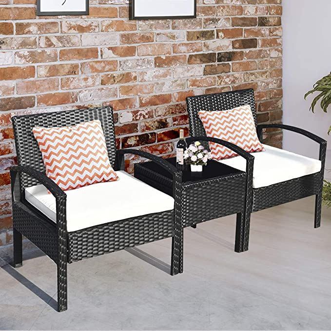 Amazon: Tangkula 3 Pcs Patio Conversation Set, Outdoor In Black And Tan Rattan Coffee Tables (View 1 of 15)