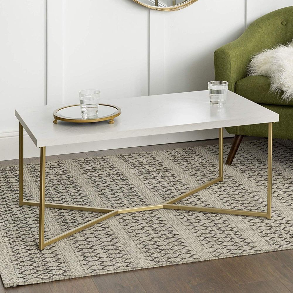 Amazon: We Furniture Short Rectangular Coffee Table Intended For White Marble Gold Metal Coffee Tables (View 6 of 15)