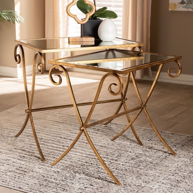 Ambre Gold Finishes Metal & Mirrored Glass 2 Piece Stack Inside Antique Gold Nesting Coffee Tables (Photo 10 of 15)