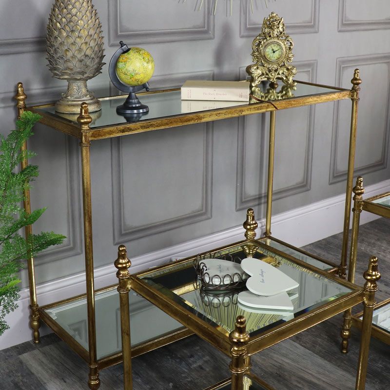Antique Gold Mirrored Console Table With 2 Side Tables Intended For Gold And Mirror Modern Cube End Tables (View 13 of 15)