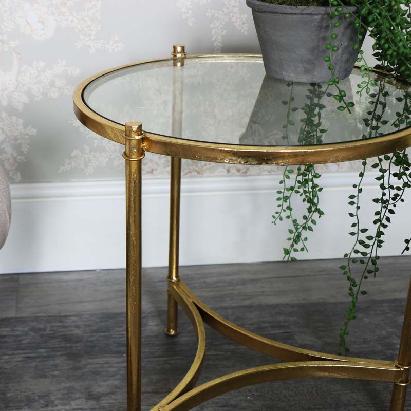 Antique Gold Round Glass Top Side Table | Flora Furniture In Antique Blue Gold Coffee Tables (View 13 of 15)