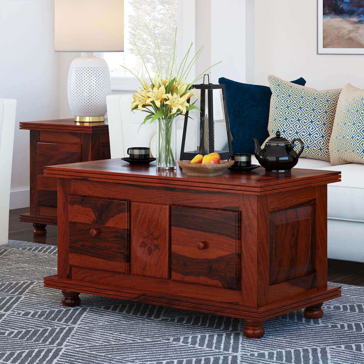 Arca Rustic Solid Wood 2 Drawer Storage Cocktail Coffee Table Throughout 2 Drawer Cocktail Tables (View 3 of 15)