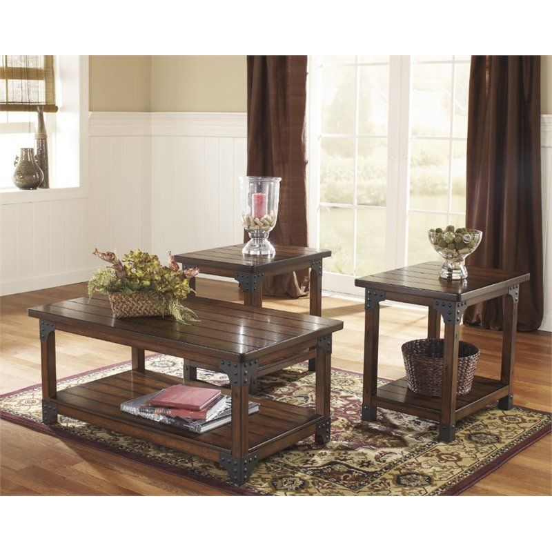 Ashley Murphy 3 Piece Coffee Table Set In Medium Brown | Ebay For 3 Piece Shelf Coffee Tables (View 8 of 15)