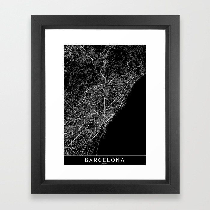 Barcelona Black Map Framed Art Print | Framed Art Prints With Regard To Barcelona Framed Art Prints (View 6 of 15)