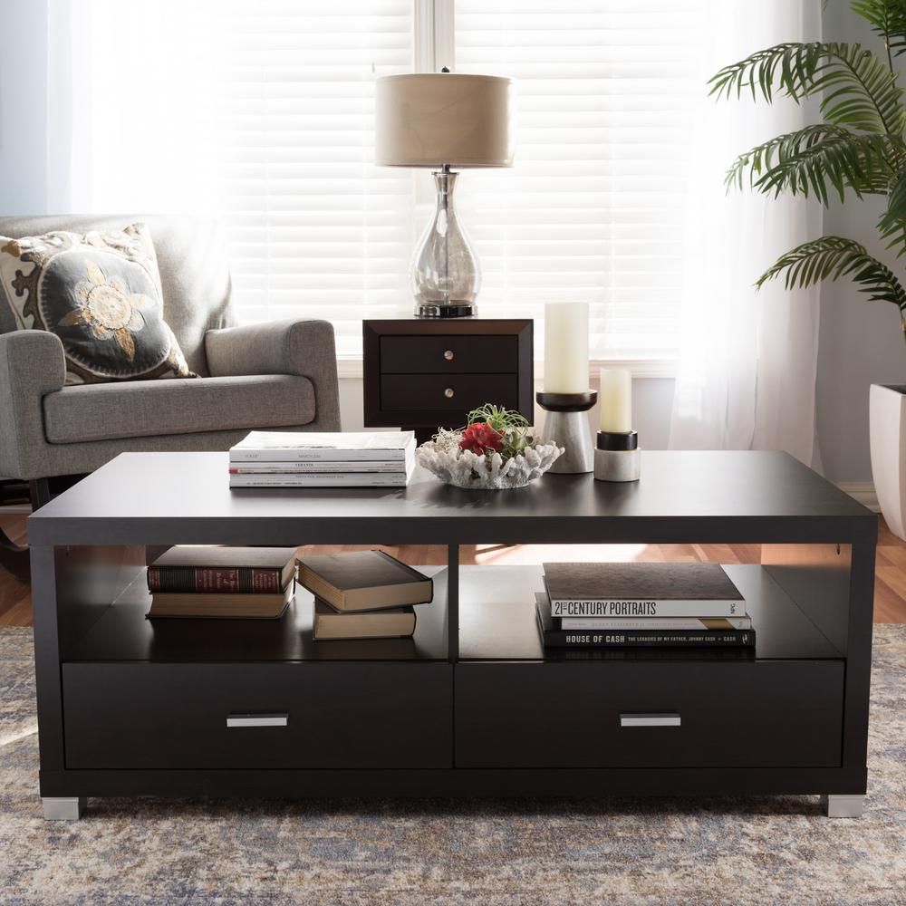 Baxton Studio Derwent Contemporary Dark Brown Wood Coffee Pertaining To Black And Oak Brown Coffee Tables (View 12 of 15)