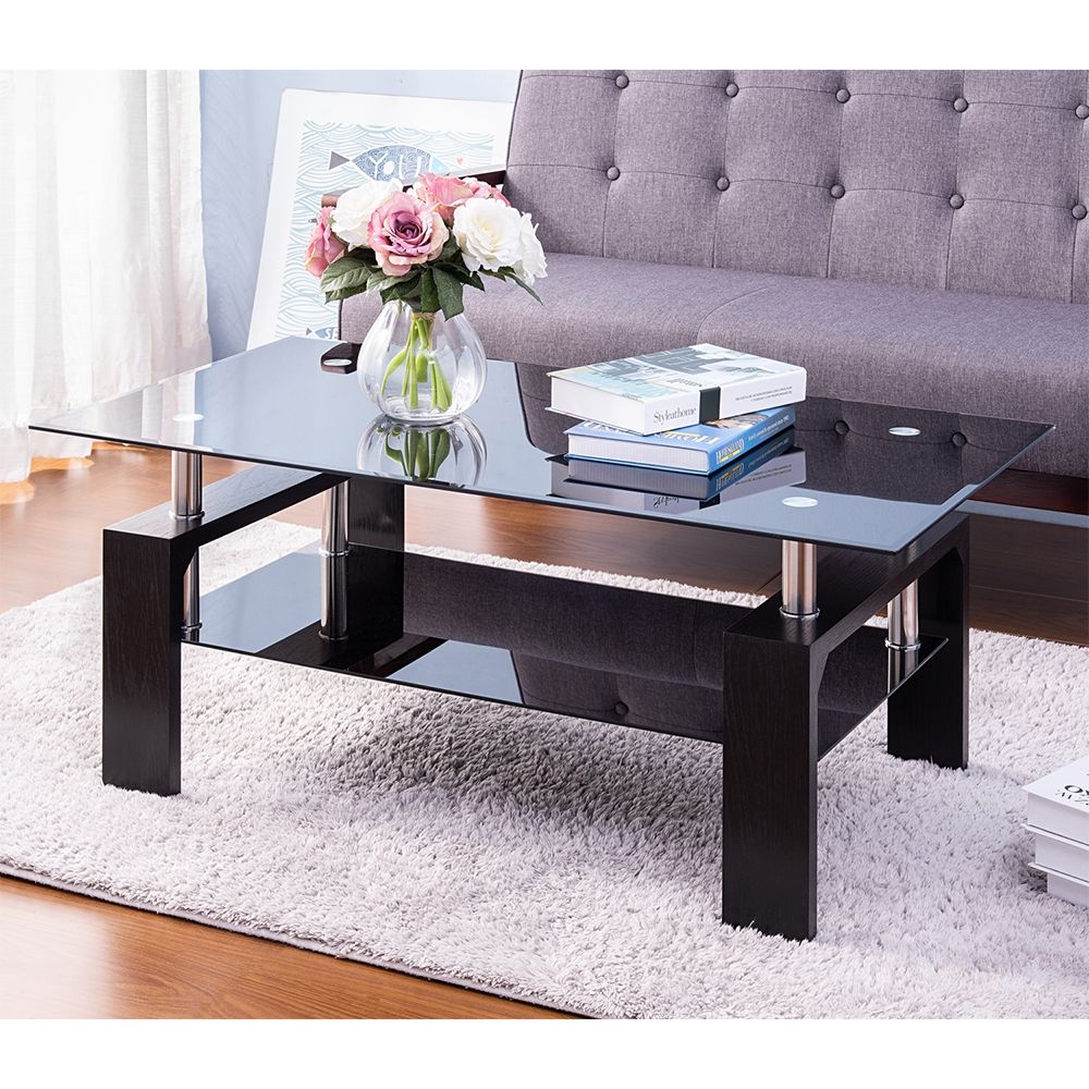 Black Glass Top Cocktail Coffee Table, Rectangle Glass With Regard To Modern Cocktail Tables (View 2 of 15)