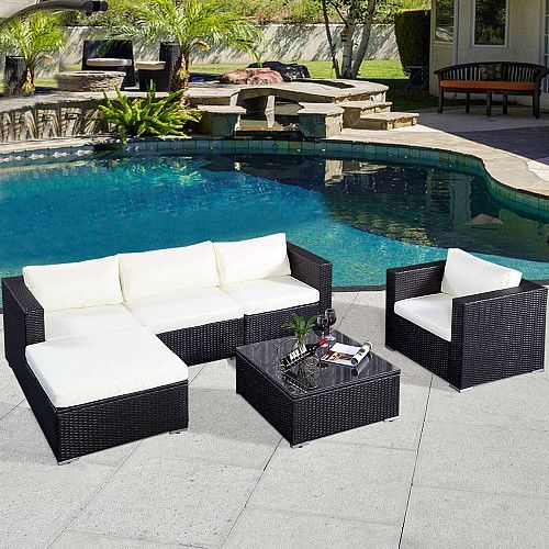 Black Rattan Sofa Set 6pc Wicker Patio Outdoor Cushioned For Black And Tan Rattan Coffee Tables (View 14 of 15)