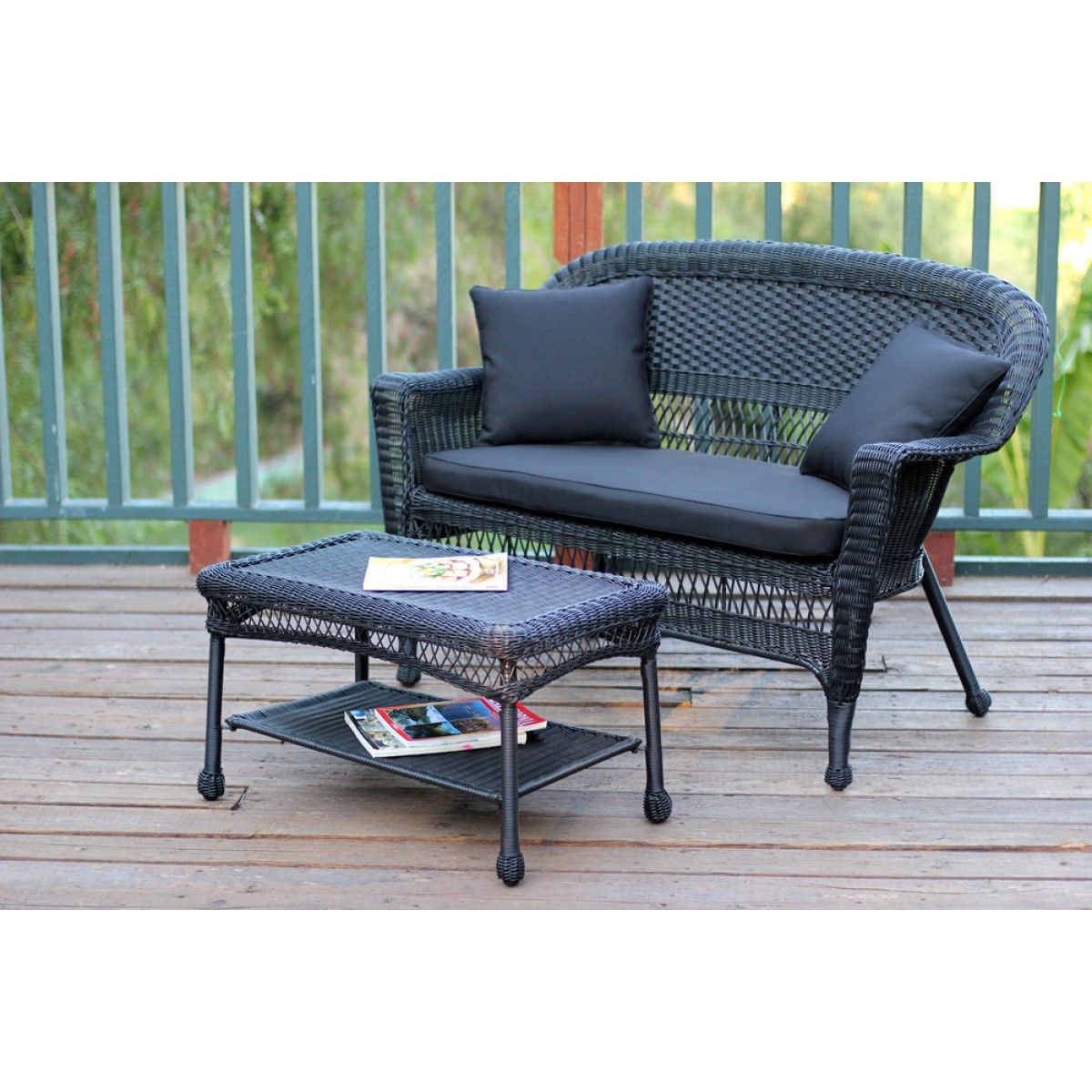 Black Wicker Patio Love Seat And Coffee Table Set With Regarding Black And Tan Rattan Coffee Tables (View 10 of 15)