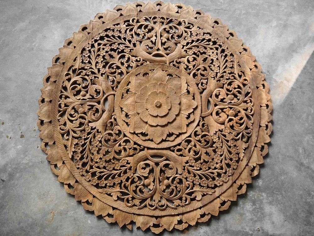 Buy Circle Carved Wooden Wall Art Buddhist Flower Panel Online Pertaining To Landscape Wood Wall Art (View 7 of 15)