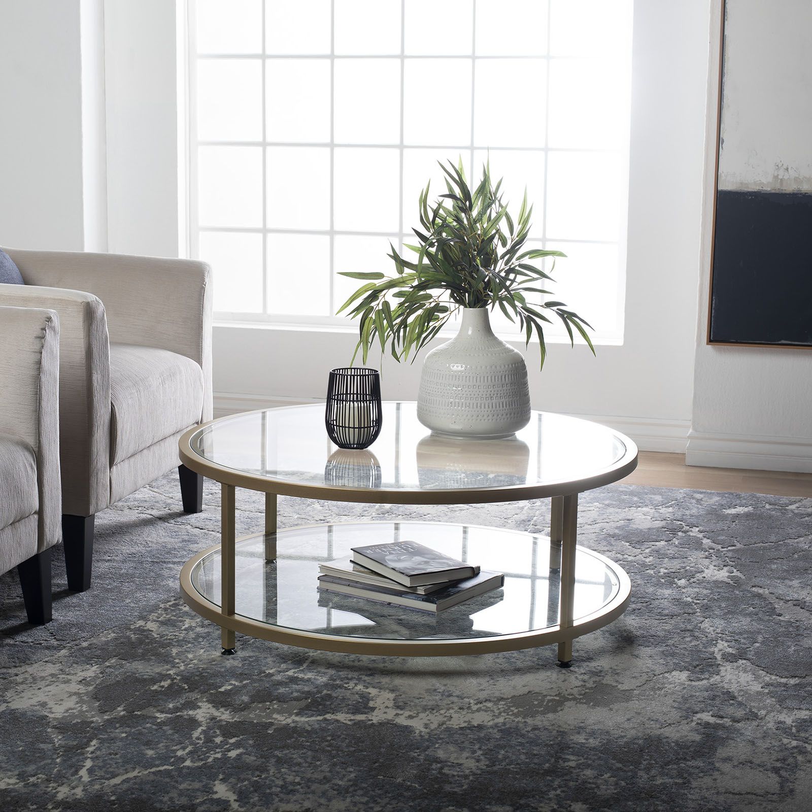 Camber 38″ Round Coffee Table In Gold/clear Glass – Item Throughout Glass And Gold Coffee Tables (View 6 of 15)