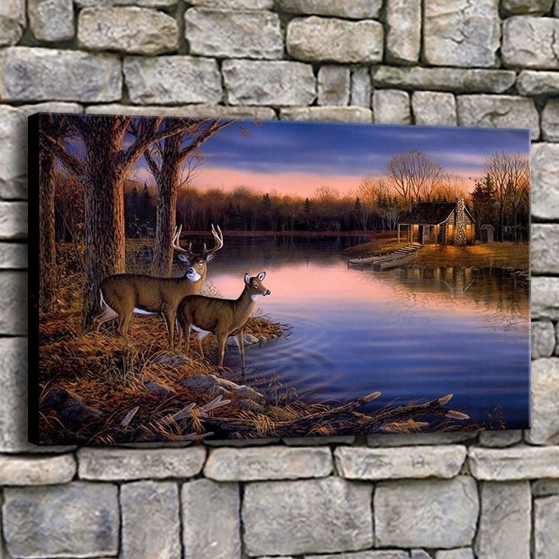 Canvas Pictures Home Decor 1 Piece Deer Lake Sunset Nature Intended For Landscape Framed Art Prints (View 10 of 15)