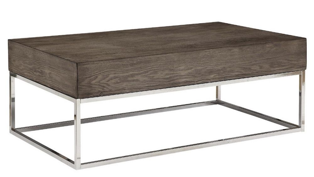 Cecil Ii Gray Oak Wood/chrome Metal Geometric Coffee Table Inside Smoke Gray Wood Square Coffee Tables (View 5 of 15)