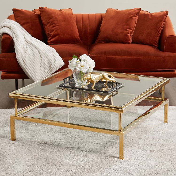 Charlton Square Coffee Table | Gold | Glass In Antiqued Gold Rectangular Coffee Tables (View 10 of 15)