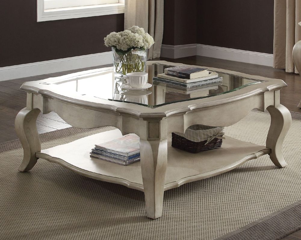 Chelmsford Antique Taupe Wood Coffee Table W/ Square Glass Throughout Espresso Wood And Glass Top Coffee Tables (View 1 of 15)