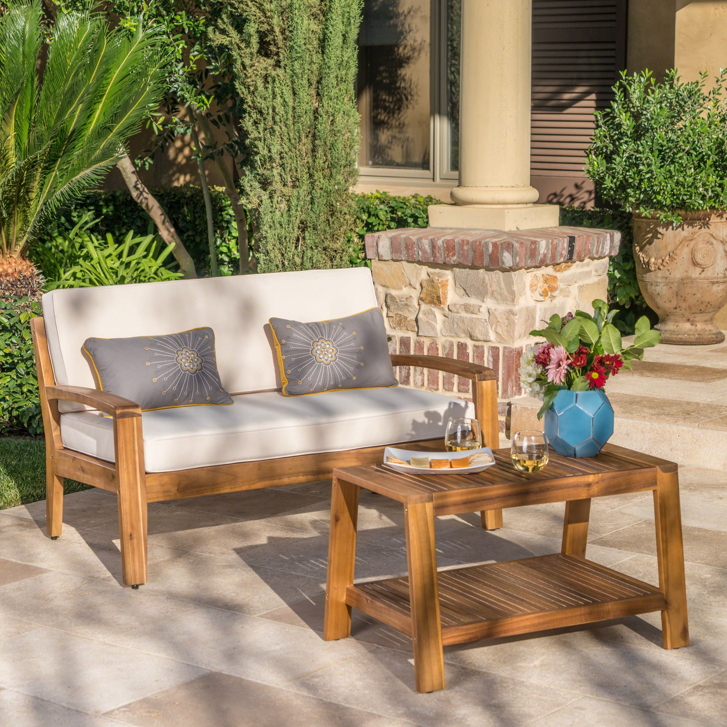 Christian Outdoor Acacia Wood Loveseat And Coffee Table In Ecru And Otter Coffee Tables (View 15 of 15)