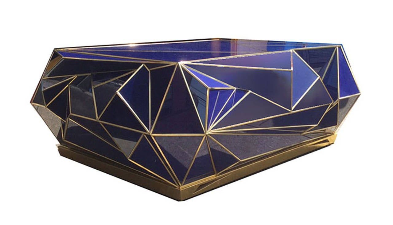 Contemporary Brass Trimmed Cobalt Glass Geometric Coffee In Geometric Coffee Tables (Photo 5 of 15)