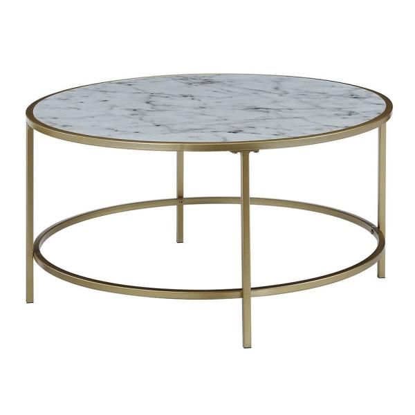 Convenience Concepts Gold Coast Faux Marble And Gold Round Throughout White Marble Gold Metal Coffee Tables (View 2 of 15)