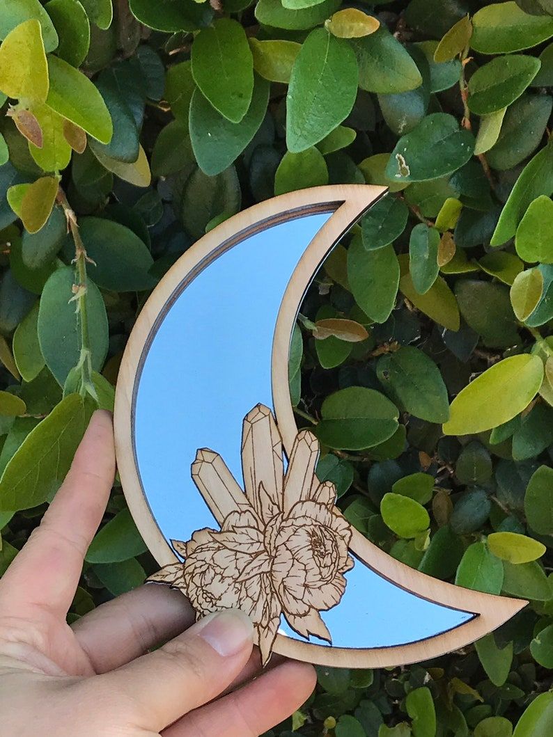 Crescent Moon Wood Mirror Floral Healing Crystals Wall Art Throughout Luna Wood Wall Art (View 13 of 15)