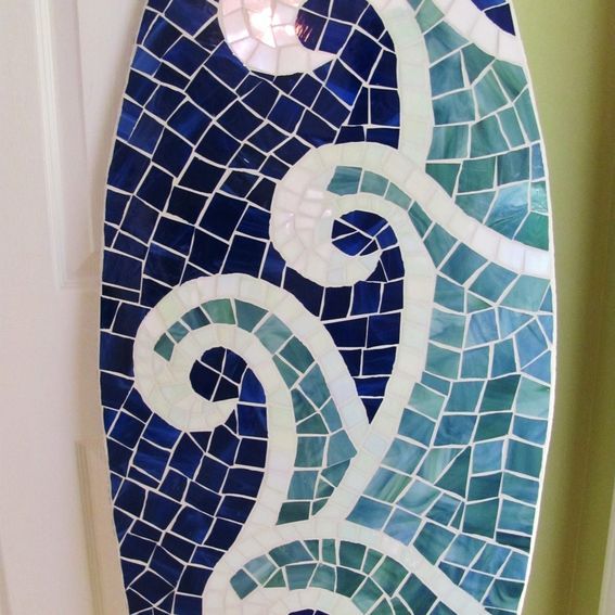 Custom Surfboard Mosaic, Stained Glass On Wood Wall Art Regarding Waves Wood Wall Art (View 9 of 15)