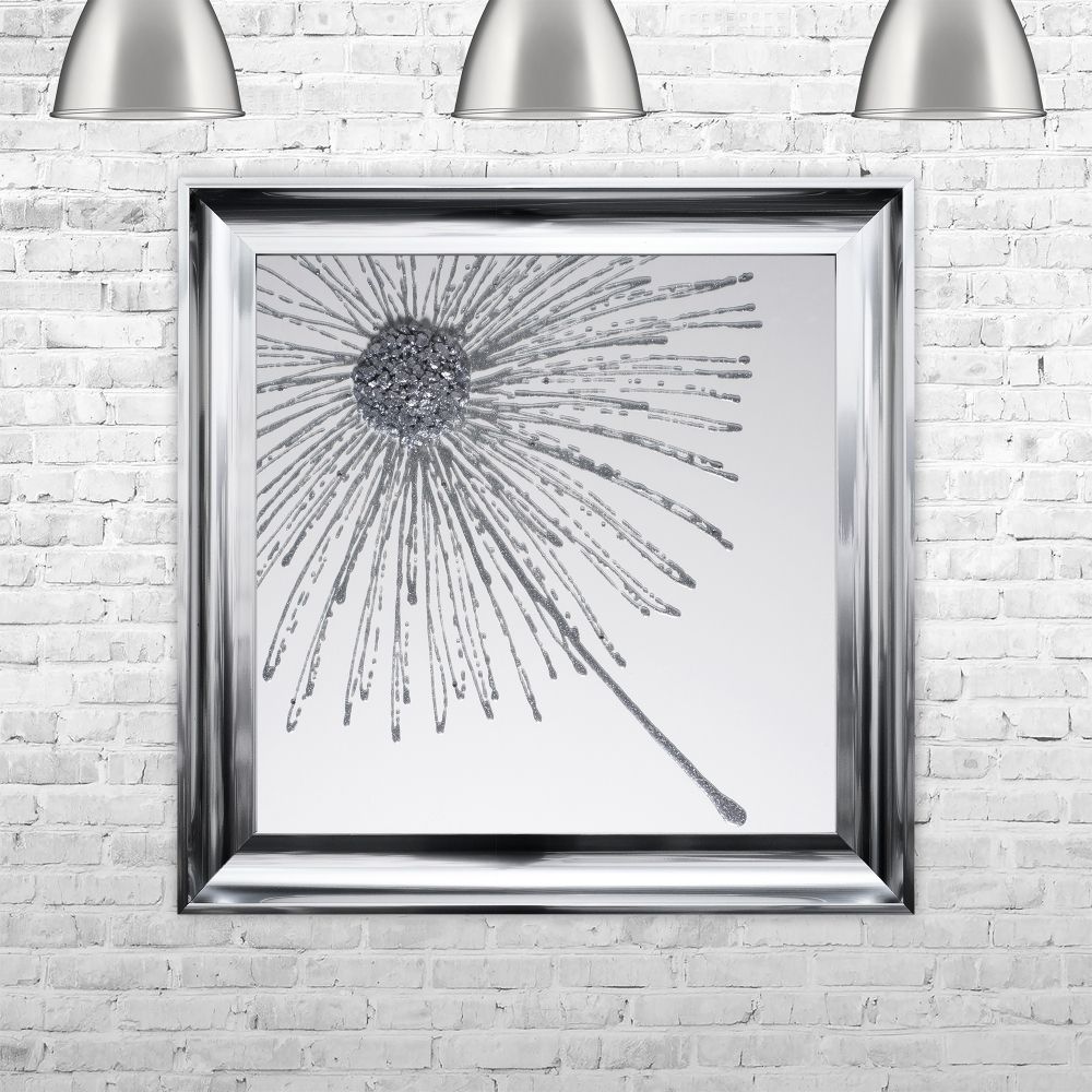 Dandelion Silver Glitter White Background Left Framed With Regard To Glitter Wall Art (View 9 of 15)