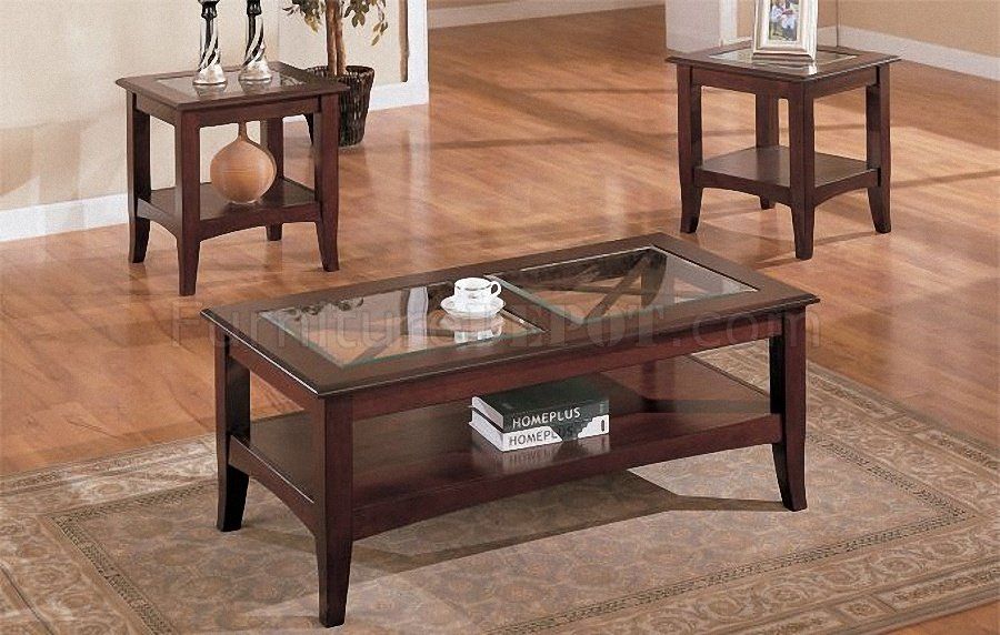 Dark Cherry Stylish 3pc Coffee Table Set W/glass Tops Regarding Espresso Wood And Glass Top Coffee Tables (View 8 of 15)