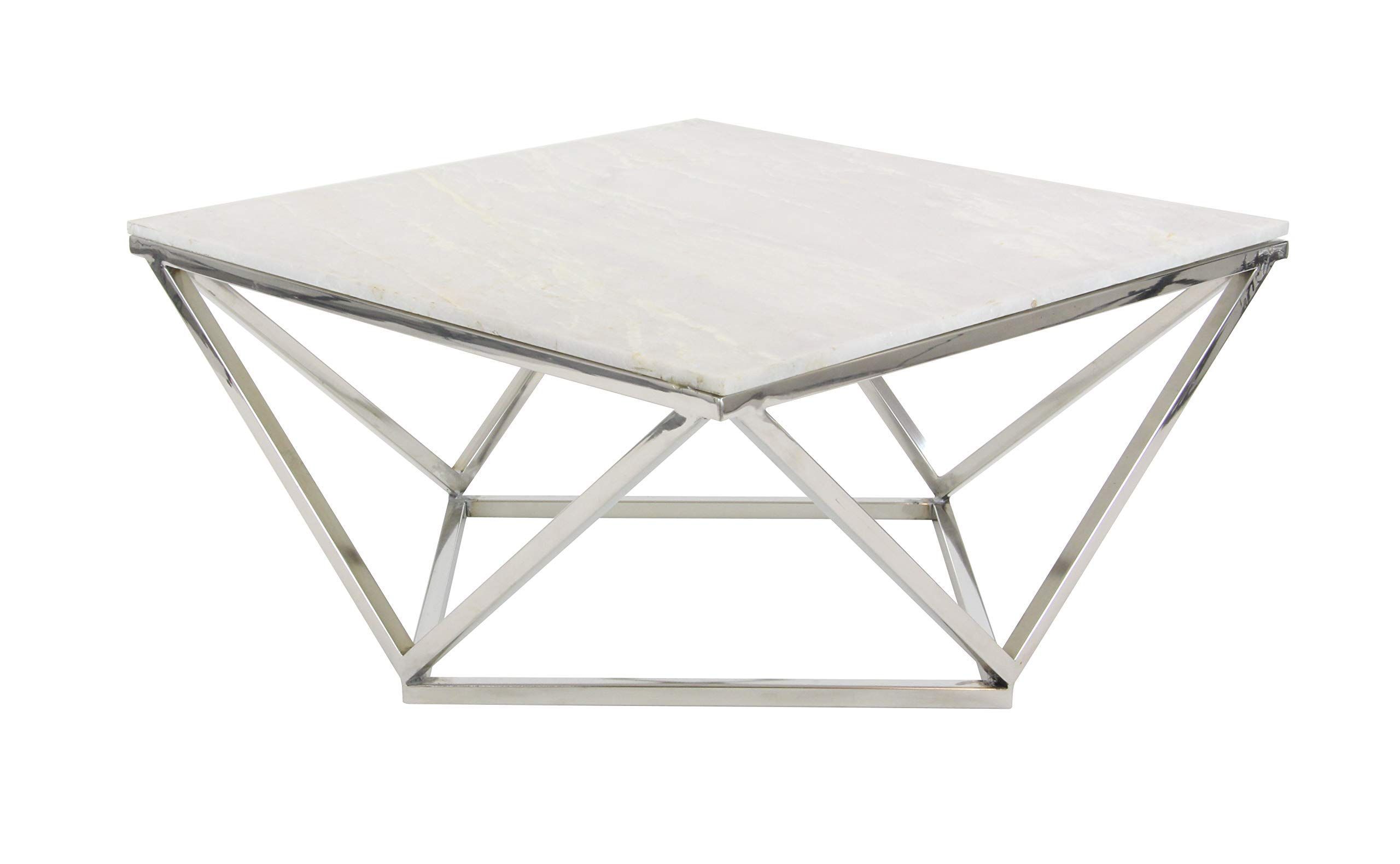 Deco 79 Square White Marble Coffee Table Silver Stainless Inside White Geometric Coffee Tables (View 13 of 15)