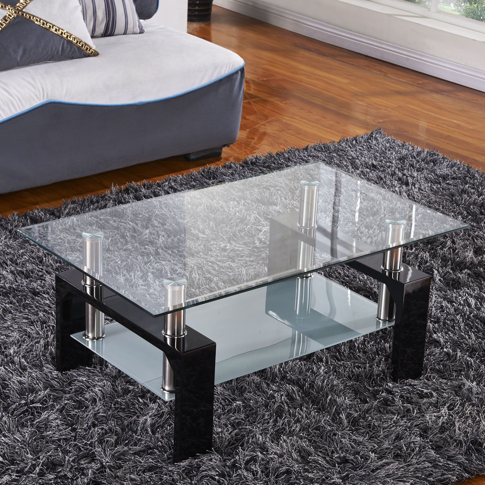 Design Glass Top Black Legs Coffee Table Rectangular In Chrome And Glass Rectangular Coffee Tables (Photo 5 of 15)
