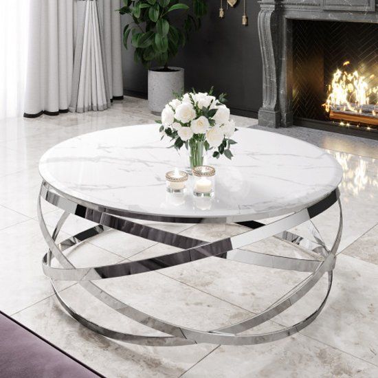 Enrico White Marble Coffee Table With Silver Leg | Sale Within Marble And White Coffee Tables (View 7 of 15)