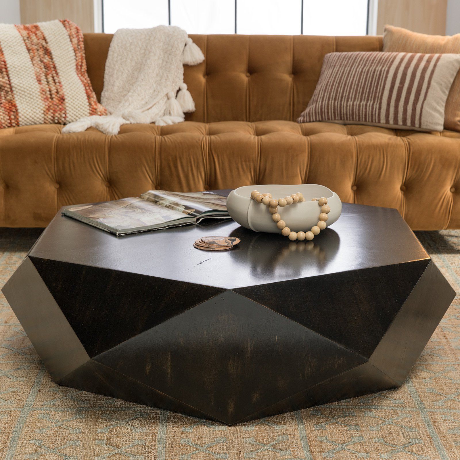Faceted Large Geometric Coffee Table Round Black Wood In Wood Veneer Coffee Tables (View 14 of 15)
