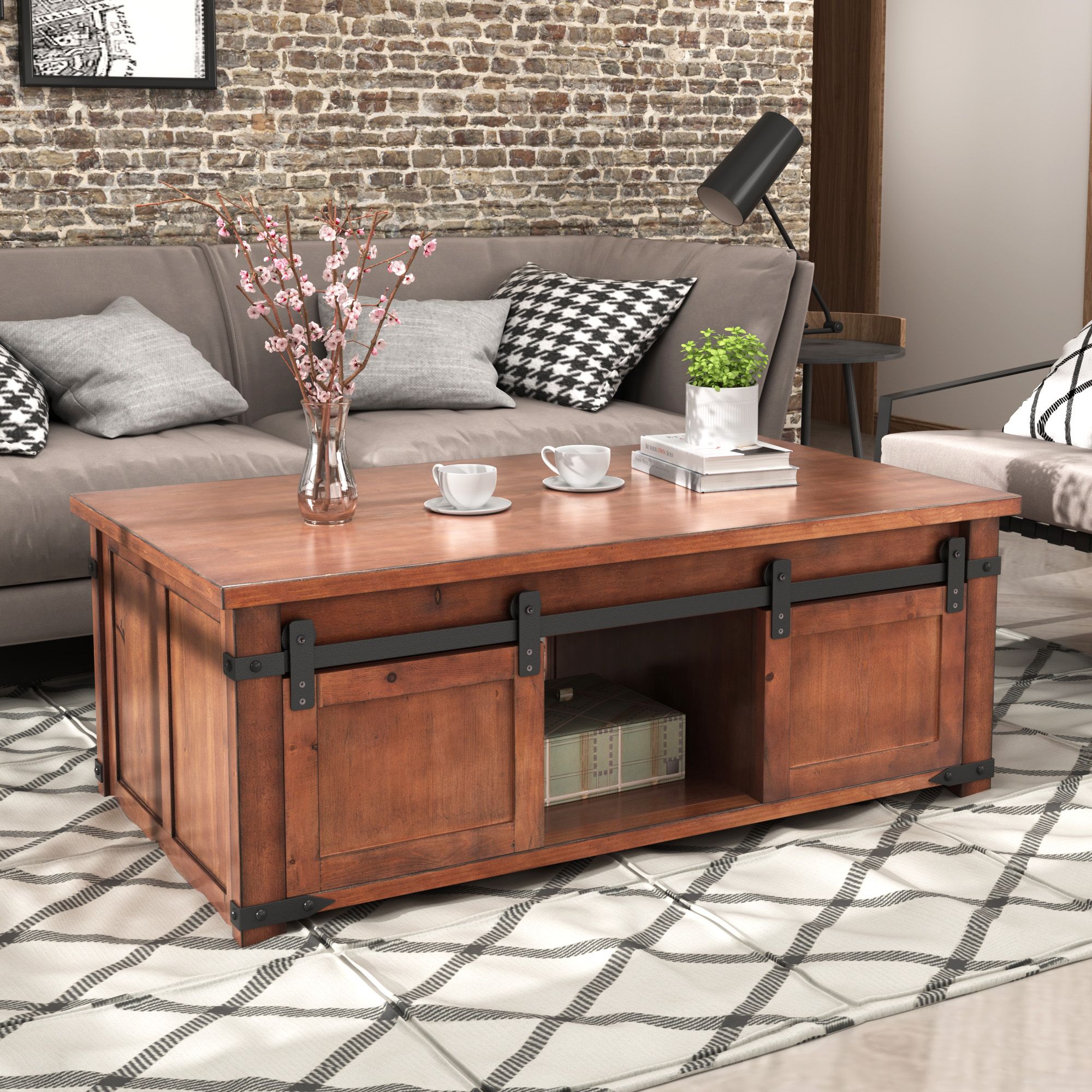 Farmhouse Coffee Table, Coffee Table With Storage Shelf For Black Wood Storage Coffee Tables (View 6 of 15)