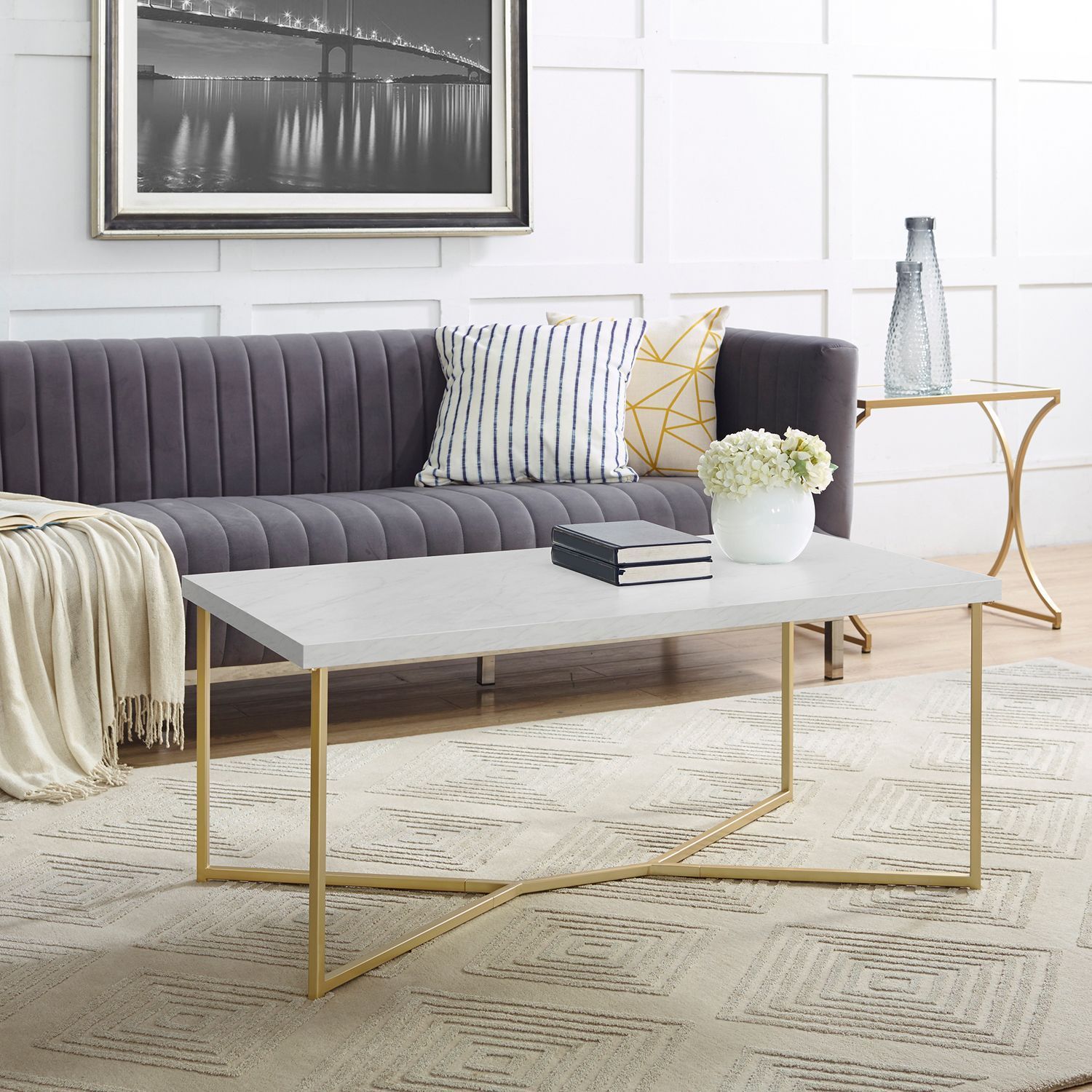Faux Marble Y Leg Coffee Table With Gold Frame | Pier 1 For Cream And Gold Coffee Tables (View 4 of 15)