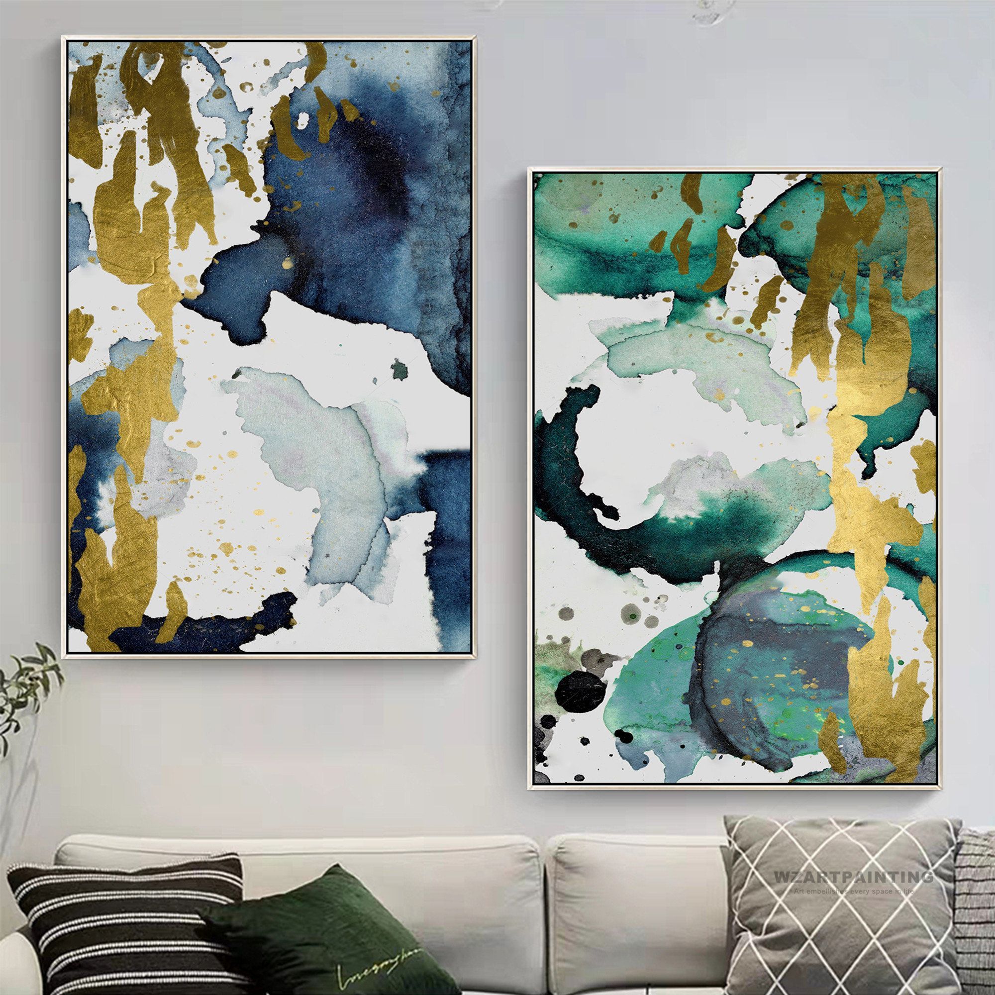 Framed Wall Art Set Of 2 Prints Abstract Gold Green Navy For Modern Framed Art Prints (View 5 of 15)