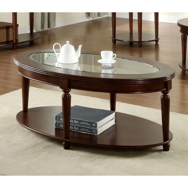 Furniture Of America Crescent Dark Cherry Glass Top Oval Throughout Espresso Wood And Glass Top Coffee Tables (View 10 of 15)