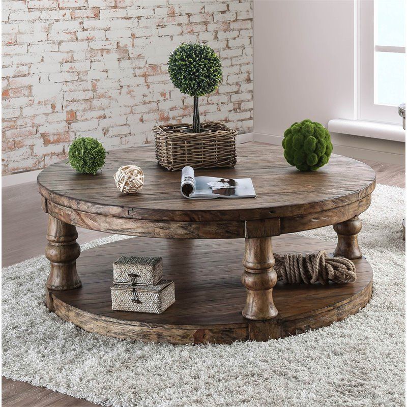 Furniture Of America Joss Rustic Round Wood Coffee Table Inside Vintage Gray Oak Coffee Tables (View 6 of 15)