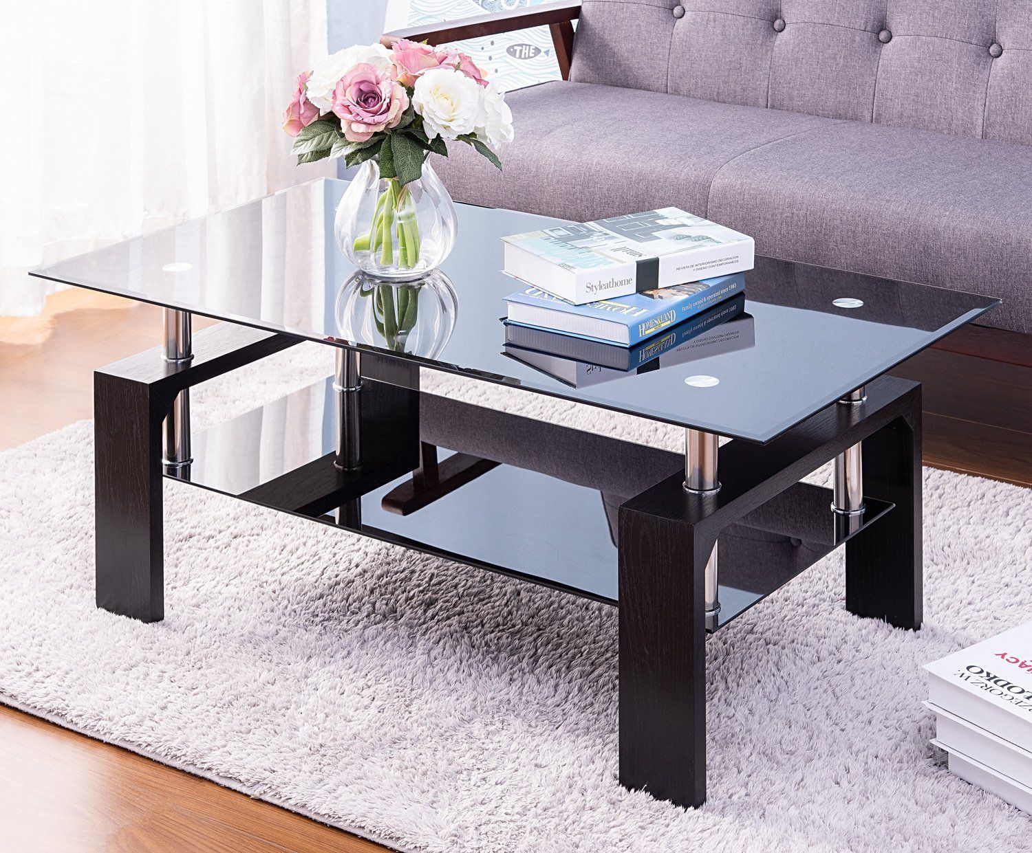 Glass Coffee Table For Living Room, Modern Rectangle Within Espresso Wood And Glass Top Coffee Tables (View 4 of 15)