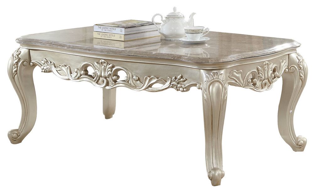 Gorsedd Antique White Marble/wood Coffee Tableacme Intended For White Stone Coffee Tables (View 14 of 15)