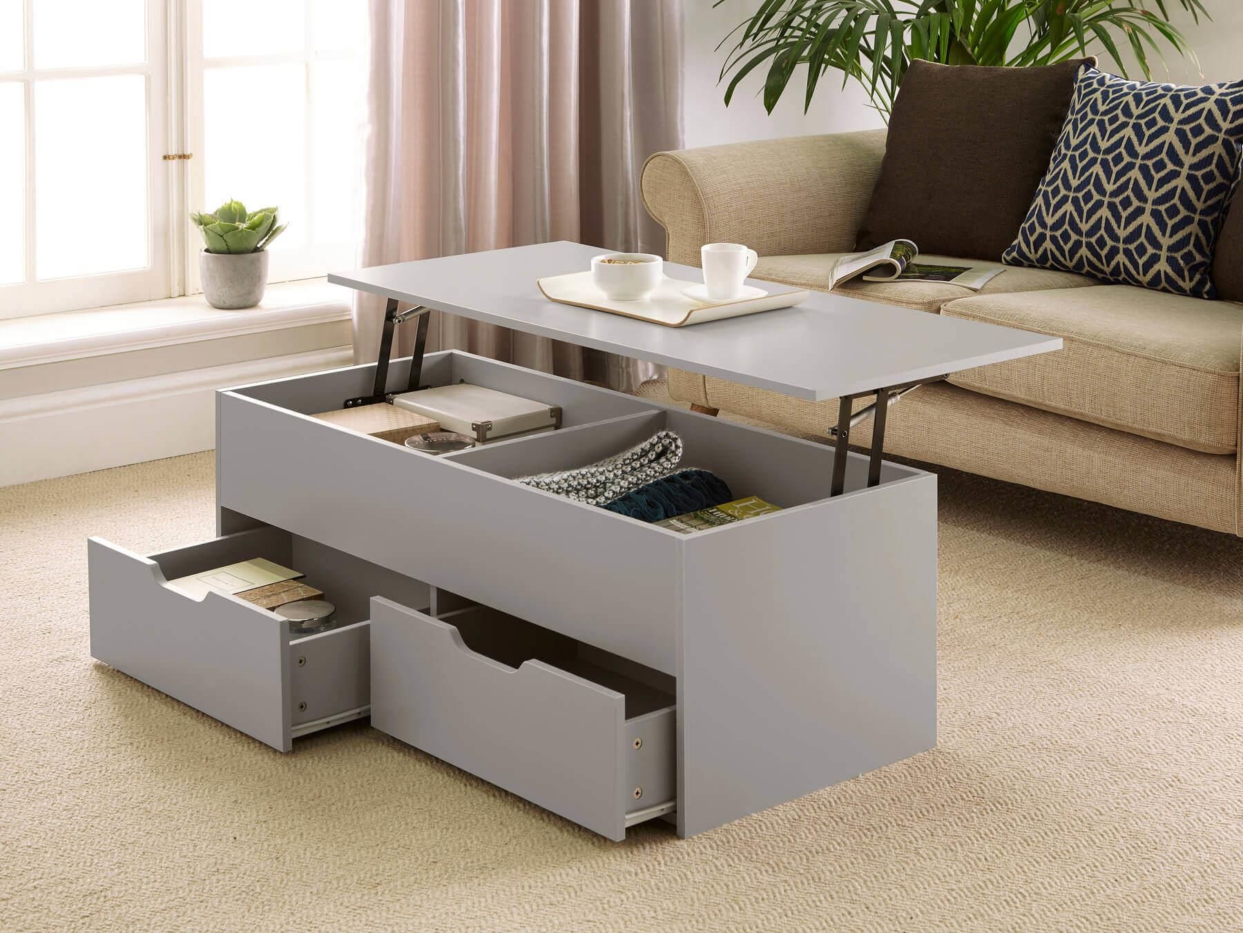 Grey Wooden Coffee Table With Lift Up Top And 2 Large Pertaining To Smoke Gray Wood Coffee Tables (View 6 of 15)