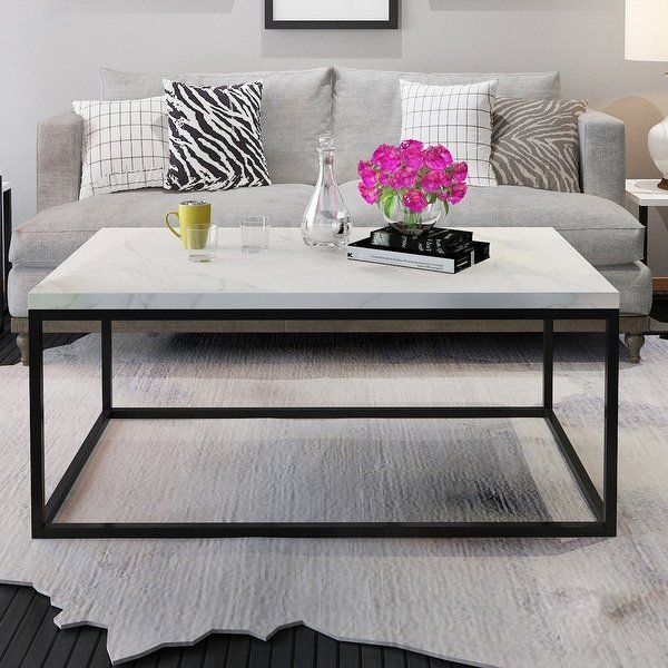 Gymax Modern Rectangular Cocktail Coffee Table Metal Frame Pertaining To Black Metal And Marble Coffee Tables (View 8 of 15)