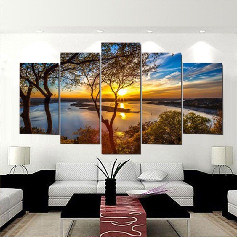 Haochu 5pcs Picture Sunrise Lake Landscape Tree Group Intended For Landscape Wall Art (View 4 of 15)