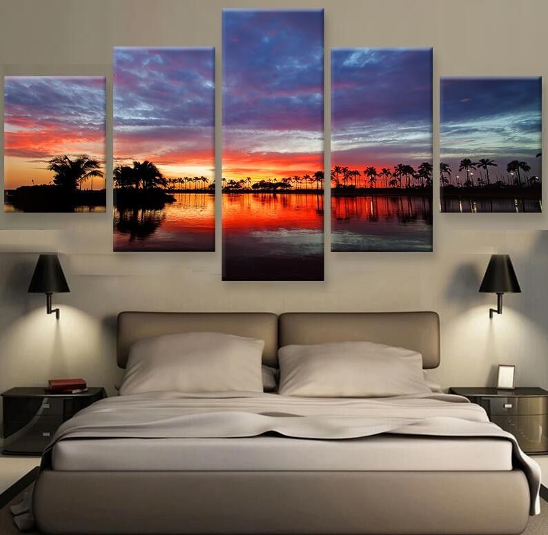 Hawaii Sunset Hd Print Canvas Painting Wall Art 5 Pieces Within Sunset Wall Art (View 14 of 15)