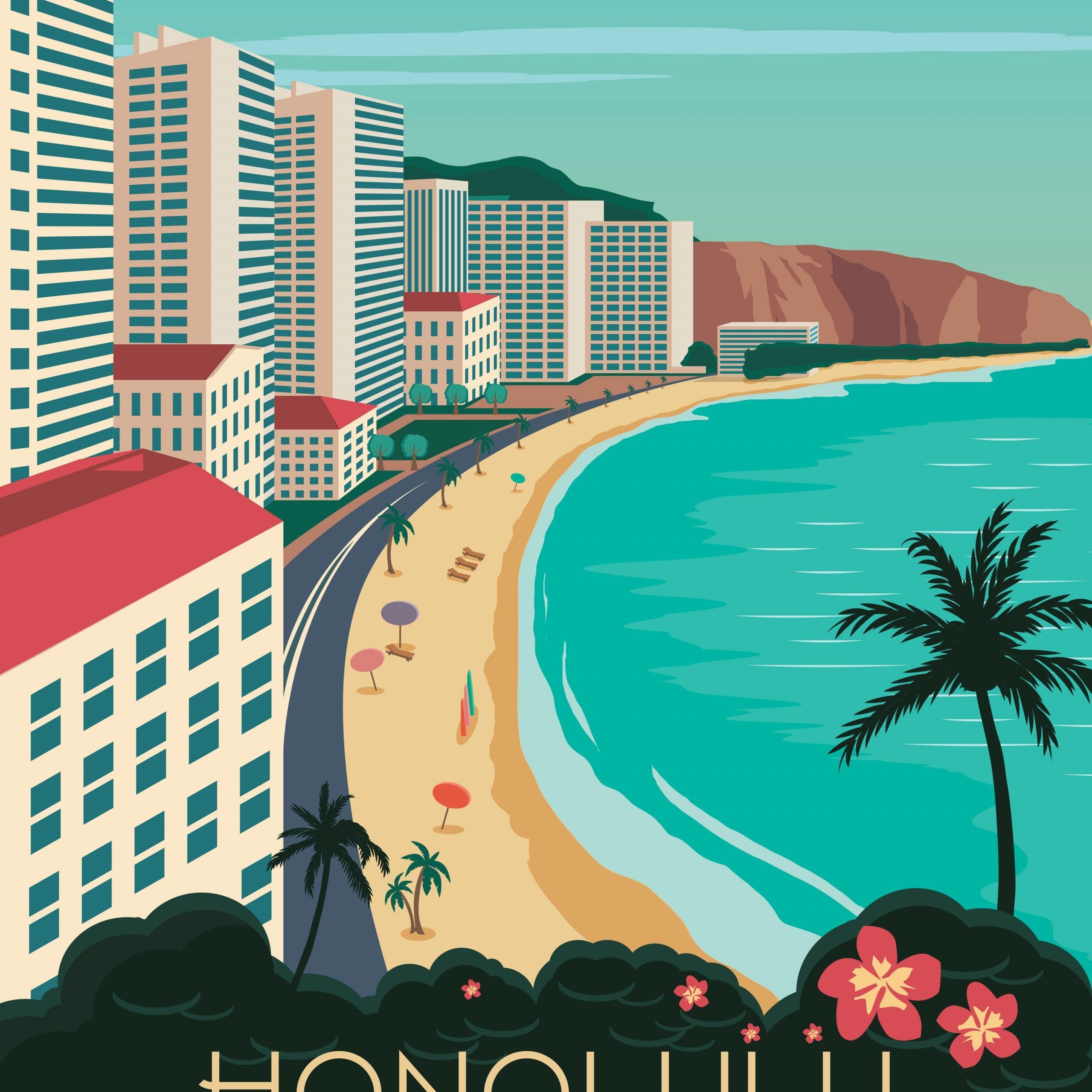 Hawaii Travel Poster Vintage Retro Wall Art Honolulu Map In Hawaii Wall Art (View 2 of 15)