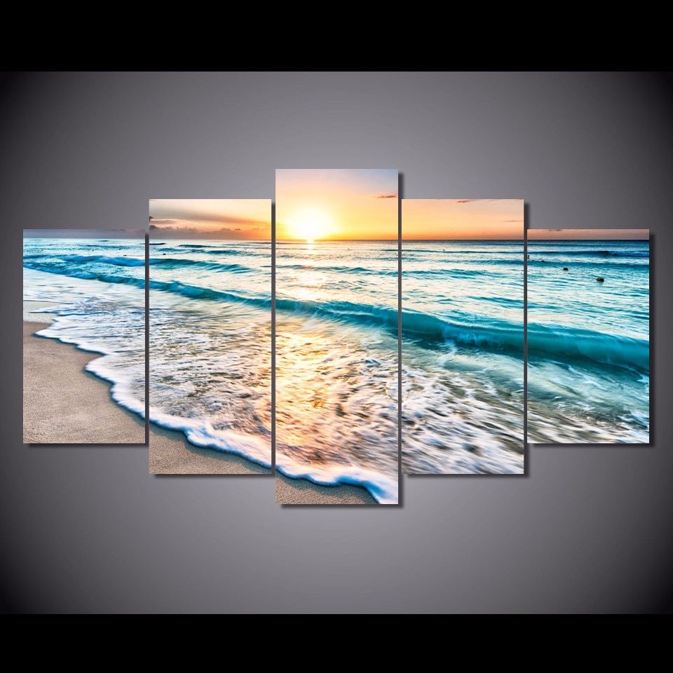 Hd Printed 5 Piece Canvas Art Beach Pictures Seascape Within Sunset Wall Art (View 5 of 15)