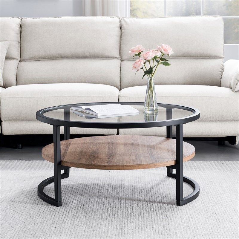 Henn&hart Black And Bronze Round Metal Coffee Table With Intended For Black And Oak Brown Coffee Tables (View 7 of 15)